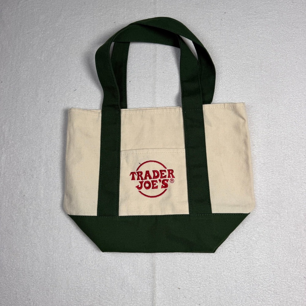 Trader Joes Mini Canvas Tote Bag Green Cream Reusable Grocery Bag Small Pocket